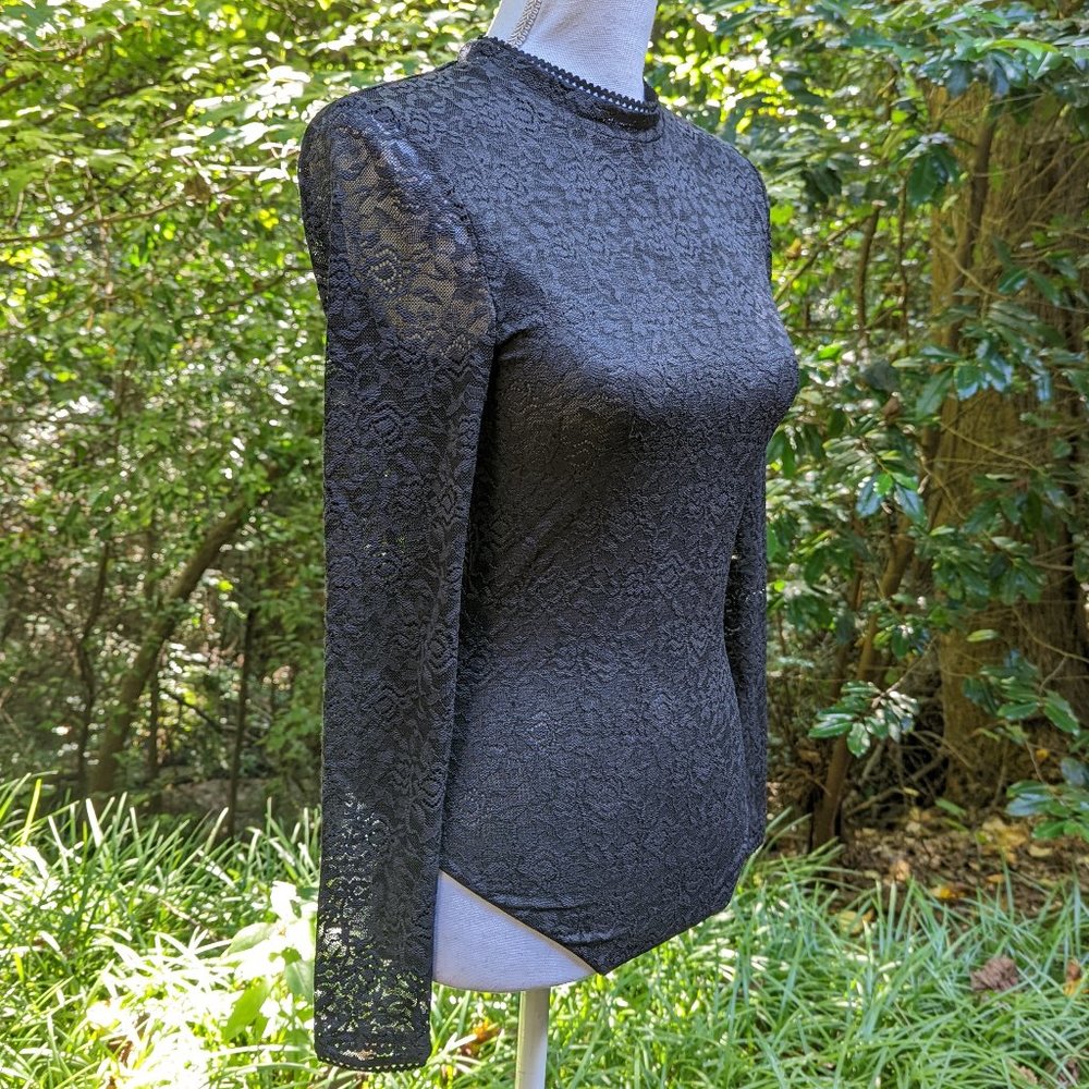 JONATHAN SIMKHAI Stretch Lace Bodysuit Long Sleeves in Semi Sheer Black Sz Small - Picture 5 of 11